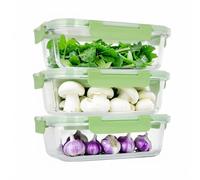Glass Lunch Boxes with Lids - Set of 3 Rectangular 1040ml Containers - Airtight, Leak-proof, Microwave and Dishwasher Safe - Great for Snacks, Sauces and Lunch Boxes (Green)