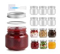 Glass Mason Jars 12 Pack 250ml/8oz with Airtight Lids, Round Mouth Canning Jars, Clear Glass Jam Jars for Overnight Oats, Pickling, Food Storage, DIY Projects, with Cleaning Brush & Sticker Labels