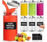 Glass Mason Jars with Lids 1000ml - 6 Pack, Leakproof Glass Bottles with Lids for Airtight Seal, Drinking Bottle Ideal for Smoothies, Milkshakes, Sauces, Food Storage, Juices, Beverages, Infused Water