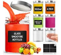 Glass Mason Jars with Lids 500ml - 6 Pack, Leakproof Glass Bottles with Lids for Airtight Seal, Drinking Bottle Ideal for Smoothies, Milkshakes, Sauces, Food Storage, Juices, Beverages, Infused Water