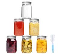 Glass Mason Jars With Silver Metal Lids 6 Pack Clear Glass Regular Mouth Mason Jars 500Ml Airtight Preserving Jars for Overnight Oats Food Storage Container with Brush, for Dry Food Snacks Candies