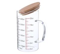 Glass Measuring Cup with Handle, 600ml Heat Resistant Kitchen Jug | Lid Prevents Splashes, Microwave Safe, Oven Use, Easy Read Scale, Wood Accent, for Home or Restaurant