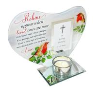 Glass Memorial Heart Tea Light Candle Holder with Photo Frame Tealight for Someone special - Robins Near You 4576
