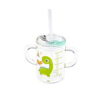 Glass Milk Cup 250ml Measuring Cup Cute Cartoon Sippy Cup with Silicone Straw & Leakproof Lid Heat-Resistant Drinking Glasses Double Handles Straw Cup with Scale Value for Water Milk Juice