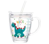 Glass Milk Cup with Measuring Kids Microwave Leak-proof Sippy Cup 300ml Transparent Drinking Glasses Jars Bottles Scale Measure Cups Cartoon Printing Water Cups with Lid Straw Handle for Milk Juice