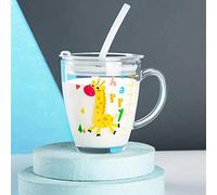 Glass Milk Cup with Measuring Kids Microwave Leak-proof Sippy Cup 300ml Transparent Drinking Glasses Jars Bottles Scale Measure Cups Cartoon Printing Water Cups with Lid Straw Handle for Milk Juice