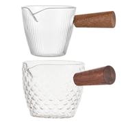 Glass Milk Jug 2Pcs with Wooden Handle, Scale and Spout for Espresso | Measures Coffee, Tea, Syrups, Sauces or Honey, Suitable for Bakers, Cafes and Home Kitchens