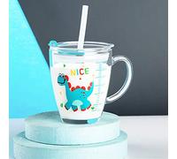 Glass Milk Measuring Cup, Cute Measuring Jug with Lid and Silicone Straw for Kids 350 ML Heat-Resistant Tempered Glass Water Cup Scale Measure Mug for Microwave Milk Juice Coffee