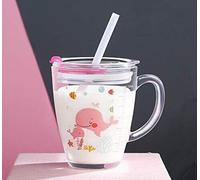 Glass Milk Measuring Cup, Cute Measuring Jug with Lid and Silicone Straw for Kids 350 ML Heat-Resistant Tempered Glass Water Cup Scale Measure Mug for Microwave Milk Juice Coffee