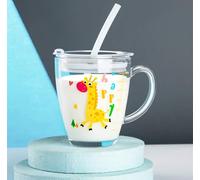 Glass Milk Measuring Cup, Cute Measuring Jug with Lid and Silicone Straw for Kids 350 ML Heat-Resistant Tempered Glass Water Cup Scale Measure Mug for Microwave Milk Juice Coffee