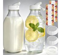Glass Milk Storage Bottles with Lids 1 Litre /33.8 oz, 2 Pack Leak-Proof Spout Glass Juice Bottles with Capacity Mark, Reusable Glas Drinking Beverage Storage Jars Dressings Smoothie Water Bottle
