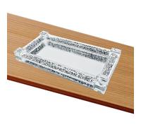 Glass Mirrored Tray with Crushed Diamonds Frame - Rectangle Decorative Display Tray for Cosmetic, Perfume, Trinkets, Mug Cup Serving, 20 x 10 cm