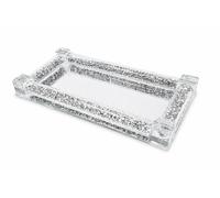 Glass Mirrored Tray with Crushed Diamonds Frame - Rectangle Decorative Display Tray for Cosmetic, Perfume, Trinkets, Mug Cup Serving, 20 x 10 cm