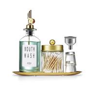 Glass Mouthwash Dispenser for Bathroom with Cups, Style Mouthwash Container Bottle with Qtip Holder,Glass Bottle 11.8oz Refillable Mouthwash Dispenser with Tray Funnel, Golden