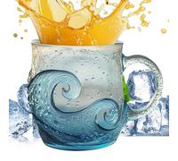 Glass Mug - 300ml Wave Design Coffee Cup for Hot and Cold Drinks, Comfortable Grip with Drinking Function, Mug for Beach House, Office, Home, Adults, Women, Men, Kids Table Use