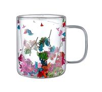 Glass Mug - Floral Tea Cup, Insulated Double Wall Glass Mug | 250ml Clear Glass with Floral Pattern and Handle, Heat Resistant Double Wall Tea Cups, Glassware for Coffee Juice Wine