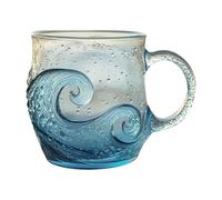 Glass Mug - Wave Design Water Cup, Coffee Drinking Cup | Transparent Beverage Container with Handle, Stylish Drinkware Gift for Kitchen Beach House Dining Room Wine Bar Office Home Adults Kids