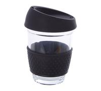 Glass Mug with Silicone Lid, Drinking Mug with Lid and Black Silicone Band, No Spill Glass Travel Mug