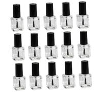 Glass Nail Polish Bottle Black Cap with Brush, 15pcs | Refillable Container for Nail Polish or Cuticle Oil, Flat Sides, round Shape, Travel Touch-ups