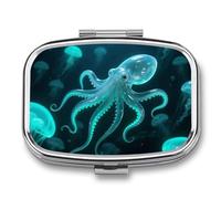 Glass Octopus Pill Box Travel Pill Organizer 2-Compartment with Mirror Design Portable Square Medicine Case for Vitamins, Jewelry & Essentials Durable Pocket Pillcase for Purse, Camping