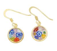 Glass Of Venice Italian Murano Glass Earrings Dangle Round Multicolor Millefiori Flower - Gold Over Sterling Silver Small - Murano Glass Earrings For Women
