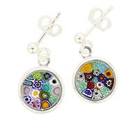 Glass Of Venice Italian Murano Glass Earrings Small Stud Round Multicolor Millefiori Flower In Sterling Silver 3/8 Inch - Murano Glass Earrings For Women