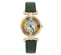 Glass Of Venice Murano Glass Millefiori Watch Round Multicolor Gold-Tone - 1" Face with Forest Green Band for Women - Handmade in Italy