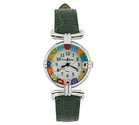Glass Of Venice Murano Glass Millefiori Watch Round Multicolor Silver-Tone - 1" Face with Forest Green Band for Women - Handmade in Italy