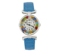 Glass Of Venice Murano Glass Millefiori Watch Round Multicolor Silver-Tone - 1" Face with Light Blue Band for Women - Handmade in Italy
