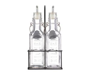 Glass Oil Jar Set 2pcs 300ml Bottles Pourer Metal Rack Airtight Clip Top Storage