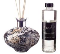 Glass Oval Reed Diffuser in Black, White and Gold Marble Design (Twilight Quarry) with Cotton Flower Fragrance