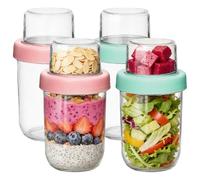 Glass Overnight Oats Jars with Lids, Overnight Oats Container 480+120mL, Dry-Wet Separation Breakfast Pots, Reusable Yogurt Pots, Crunch Cup for Nut Fruit, Oatmeal Salad Jars for Cereals Milk (4 Pack)
