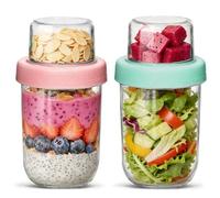 Glass Overnight Oats Jars with Lids, Overnight Oats Container 480+120mL, Dry-Wet Separation Breakfast Pots, Reusable Yogurt Pots, Crunch Cup for Nut Fruit, Oatmeal Salad Jars for Cereals Milk (2 Pack)
