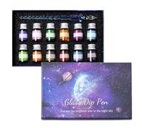 Glass Pen and Ink Set - Glitter Calligraphy Pen, Crystal Writing Tool | Set of Coloured Ink Bottles for Artistic Drawing, Signature Practice, Painting