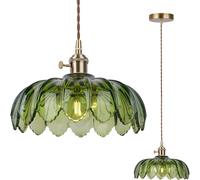 Glass Pendant Light Green, Vintage Hanging Ceiling Light with Flower Glass lampshade, Adjustable Height, E27 Brass Hanging Light with Switch for Kitchen Island Bedroom Hallway Coffee Bar, Ø 26cm