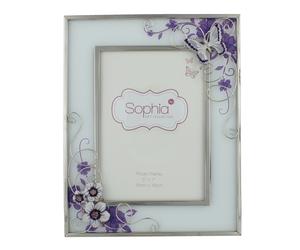 Glass Photo Frame Purple Butterfly/Flwrs/Cryst 5"x7"
