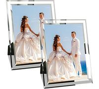 Glass Photo Frames 10x8 Set of 2, Crushed Diamond Sparkly Picture Frames, Silver Mirror Photo Frames for Wedding, Home Decor, Tabletop Display