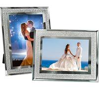 Glass Photo Frames 6x4 Set of 2, Crushed Diamond Sparkly Picture Frames, Silver Mirror Photo Frames for Wedding, Home Decor, Tabletop Display