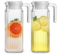 Glass Pitcher, Yeelua 1L Water Pitcher with Lid and Handle, 2pcs Water Jugs, Spill-Free Spout, Fridge Door Jug for Milk Juice Tea Lemonade