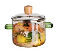Glass Pot with Lid, Glass Pot with Lid 1.6L Dual Handle Clear Microwavable Simmer Heat Resistant Universal Pots for Home Cooking Soup Milk Porridge, Green Handle
