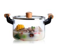 Glass Pots for Cooking On Stove 3.2 Qt Glass Simmer Pot Heat Resistant Clear Pot with Lid Stovetop Safe Cooking with Wooden Handles for Soup, Milk, Baby Food
