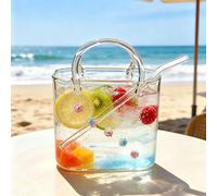 Glass Purse for Drinks,Purse Drinking Glass with Straw,Cute Handbag Shaped Cocktail Glasses Cups,Unique Wine Glasses Decorative Fish Bowl Handbag Vases for Fruit Juice,Flowers,Fish Tank (rose)