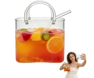 Glass Purse for Drinks Set Wine Cup Purse Bag Shape with Glass Straw for Juice Tea Cocktails Fish Tank Vase a Ladies' Party Gift Creative Drinking Mug (A)