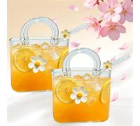 Glass Purse for Drinks with Straw, 770ml/26oz Handbag Shaped Drinking Glass, Daisy Design, Handbag Vases for Cute Room Decor, for Fruit Juice, Tea, Flowers (#B_2PCS)