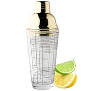 Glass Recipe Cocktail Shaker Tool - 400ml (14fl oz) Built-In Ice Strainer, Silicone Seal & Spirit Measure Cap. Stainless Steel Gold Coloured Lid & Strainer. Measuring Scale & Recipes on Side of Glass.