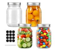 Glass Regular Mouth Mason Jars, 16 oz Clear Glass Jars with Silver Metal Lids for Sealing, Canning Jars for Food Storage, Overnight Oats, Dry Food, Snacks, Candies, DIY, Meal Prep (Silver, 4PACK)
