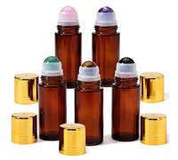 Glass Roller Bottles for Oils, 5Pcs 50ml Amber Glass Roller Bottle with Natural Crystal Rolling Ball Rose Quartz & Amethyst Green Aventurine Tiger-eye Obsidian