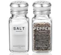 Glass Salt and Pepper Shakers Set by Brighter Barns - Modern Kitchen Decor, Dining Table Countertop Accessory - Rustic, Farmhouse, Vintage Glass Shakers with Stainless Steel Lids for Home, Restaurant