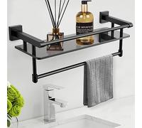 Glass Shelf for Bathroom 20 Inch Bathroom Shelves with Towel Bar Tempered Glass Shelves with Stainless Steel Towel Holder for Wall (All Matte Black)