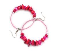 Glass Shell Wood Bead Hoop Earrings In Silver Tone in Deep Pink/Baby Pink Colours/Large - 75mm Long